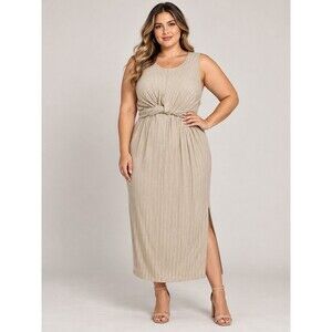 B03. Women's Beige Ribbed Knit Bodycon Midi Swearter Dress Sleeveless L